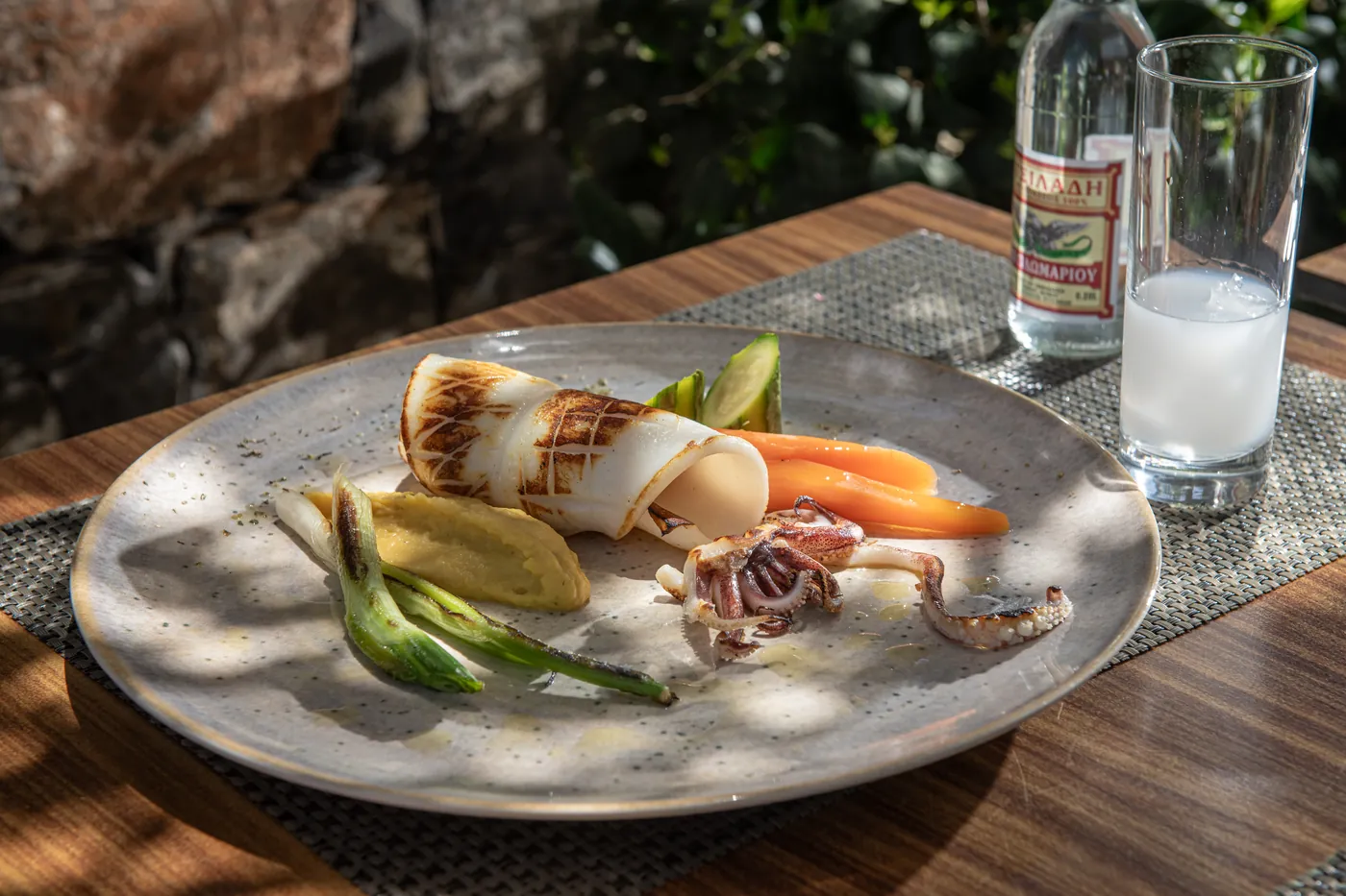 Grilled calamari with ouzo at Riviera Restaurant Stalis, near Hersonissos Crete