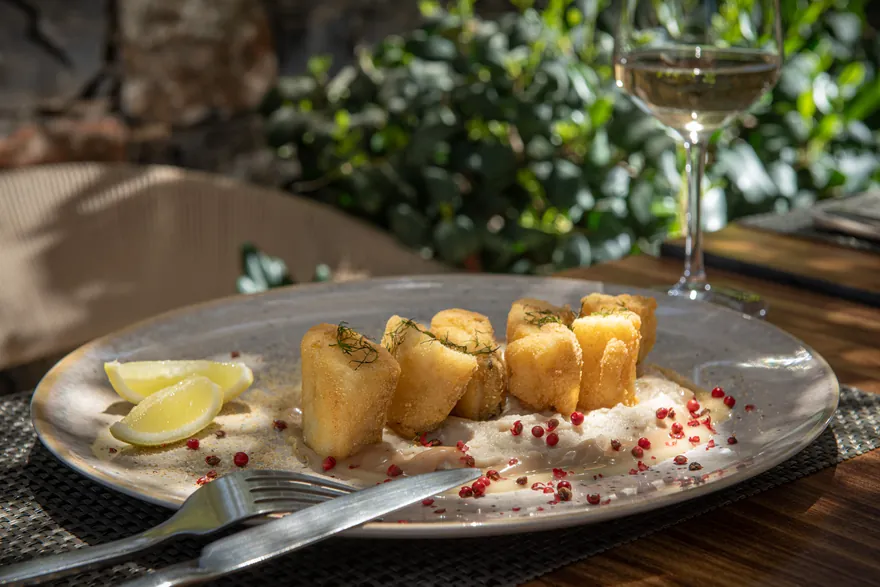 Saganaki fried cheese meze at Riviera Restaurant Stalida Crete